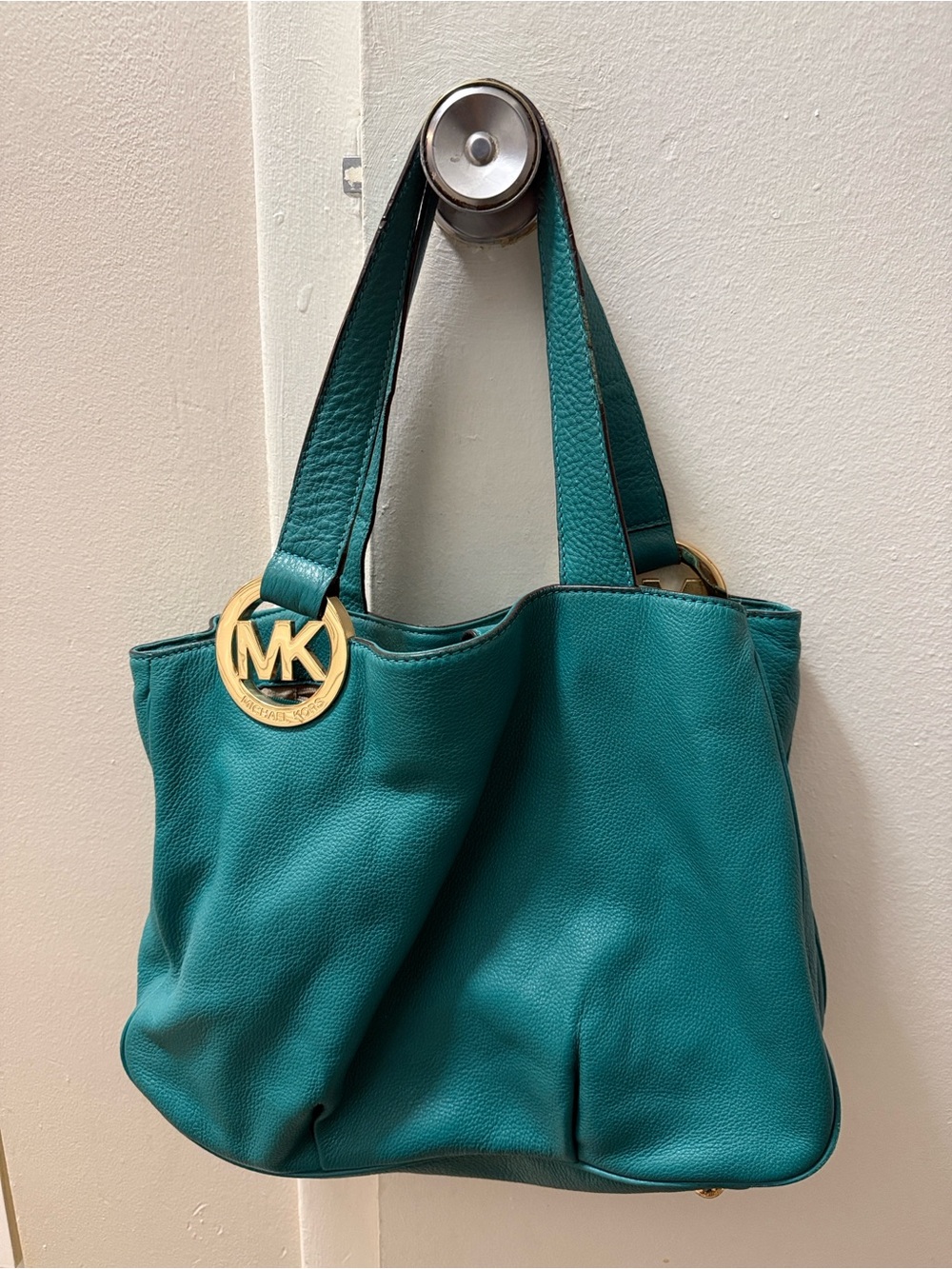Michael Kors Teal Pebbled Leather Tote with Gold MK Charm